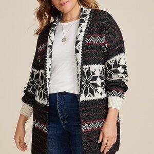 Cardigan Sweater Top 2X Maurices Snowflake Fair Isle Open Front Tunic Plus Size